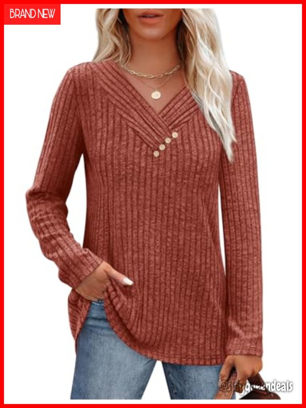 Women's V-Neck Long Sleeve Sweater with Decorative Buttons Loose Fit